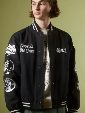 Obey Black Varsity Jacket with White Graphic Embroidery